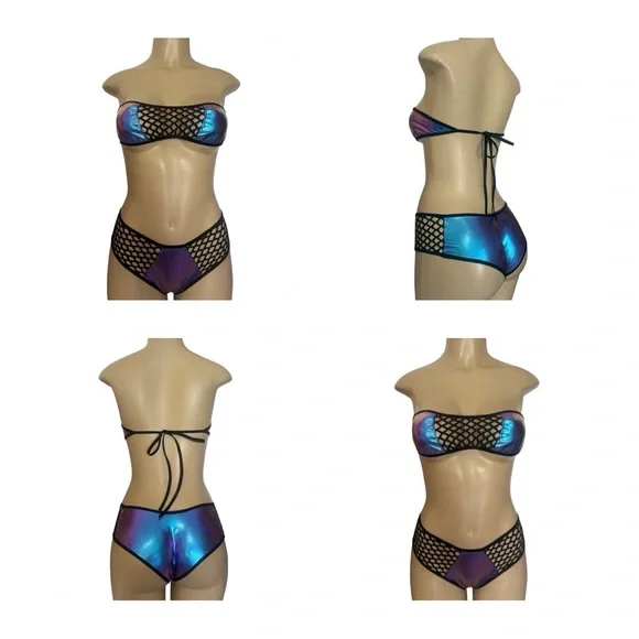 Iridescent Bikini Set with Mesh Detail exotic Dancewear rave edc - Picture 1 of 5